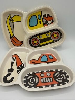 Set Of 2 Child's Spill Proof Divided Bamboo Toddler Plates Construction Crane